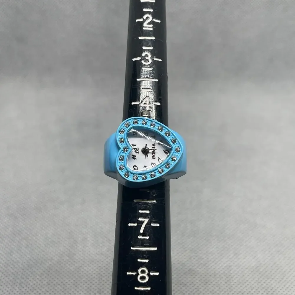 Retro Blue Enameled Stainless Steel Stretch Band Ring Watch With Rhinestones